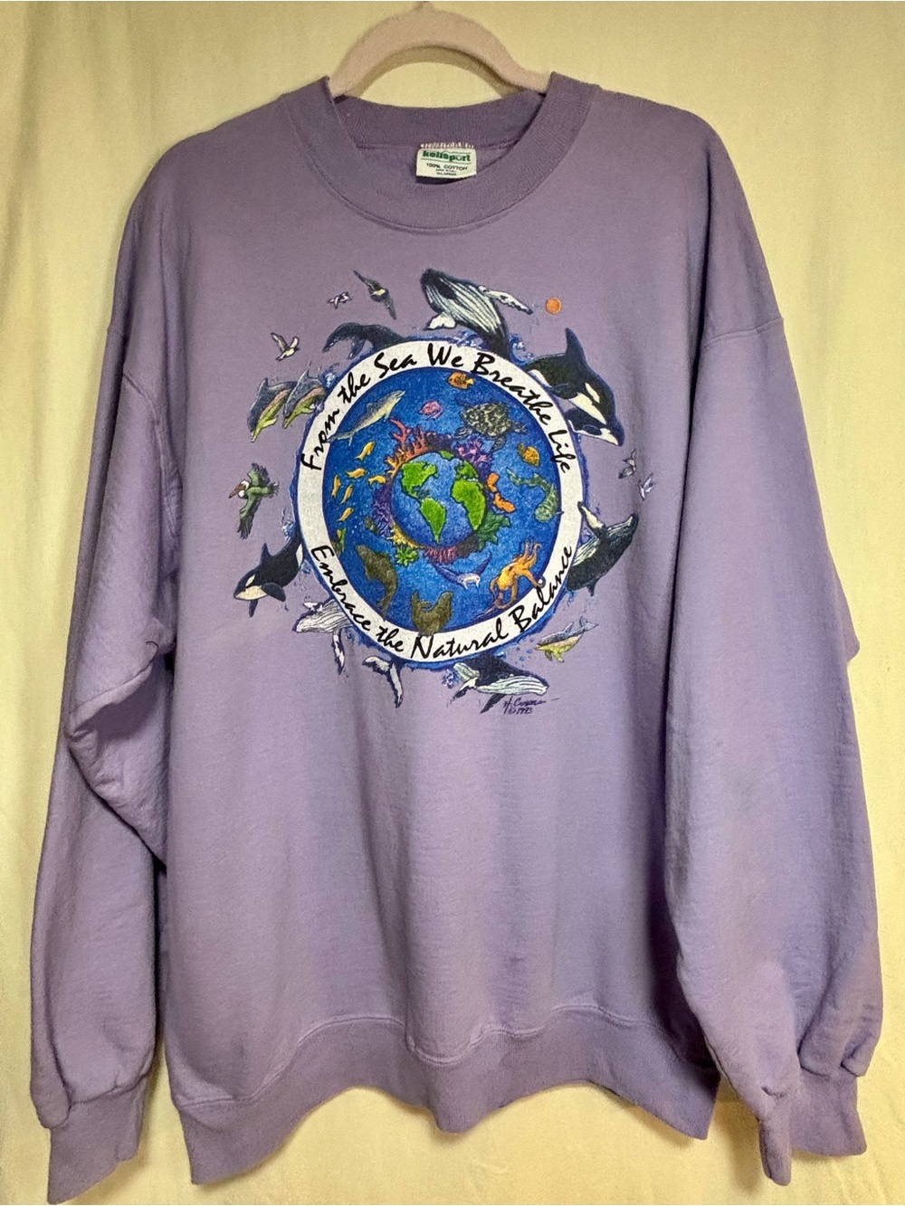 Vintage Ocean Wildlife Graphic Sweatshirt XL Purple USA Whales Dolphins Earth